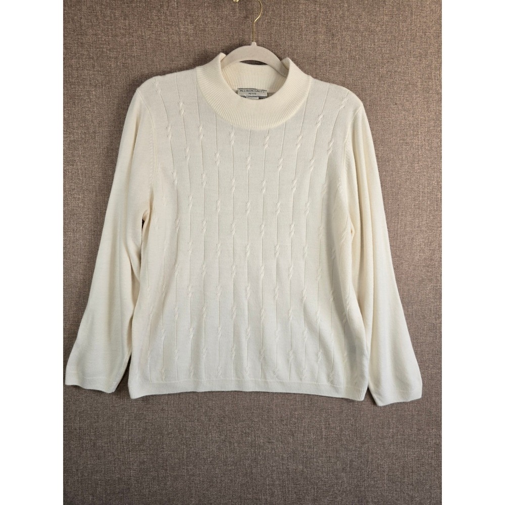 Allison Daley Petite Womens Cream White Cable Knit Mock Neck Sweater Size PL